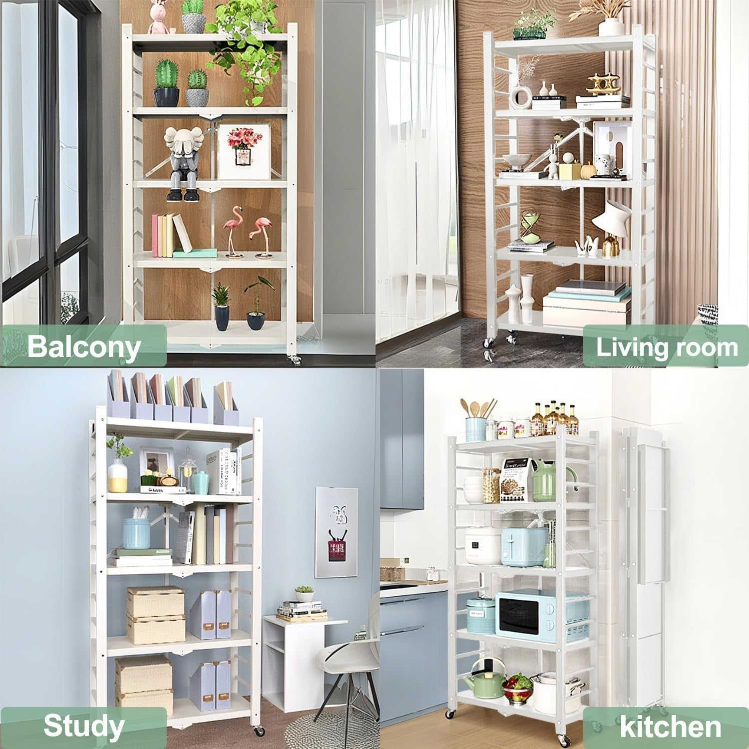 5 Tier Folding Storage Shelves Rolling Metal Rack Space Saving Kitchen Trolley