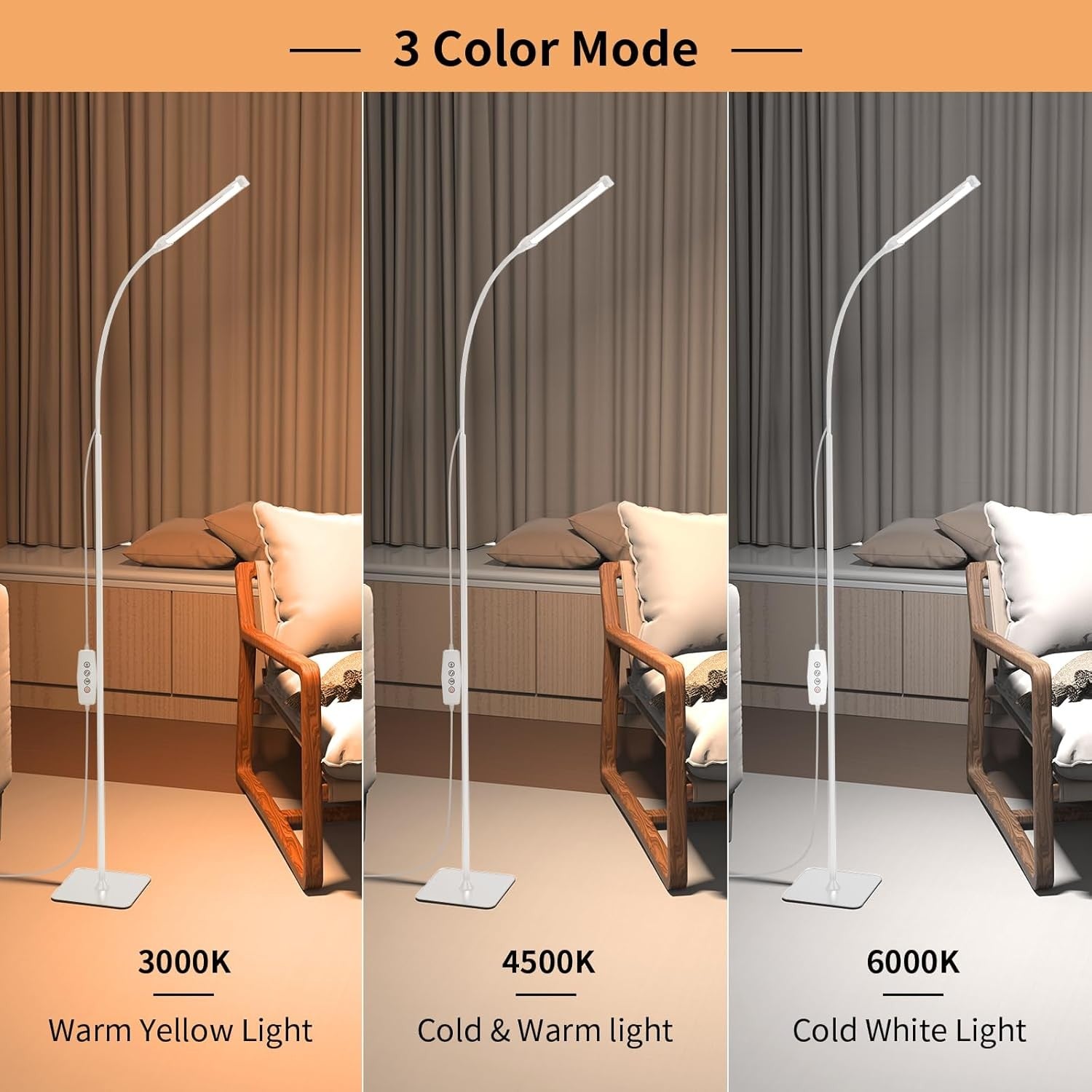 LED Floor Lamp Remote Control Dimmable Reading Light Flexible Gooseneck