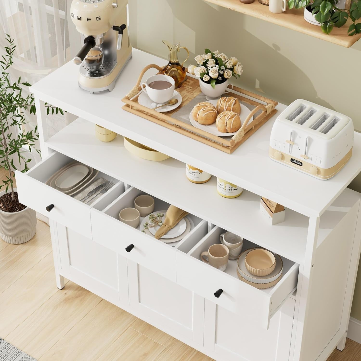 White Kitchen Sideboard Storage Cabinet 3 Drawers 3 Doors Adjustable