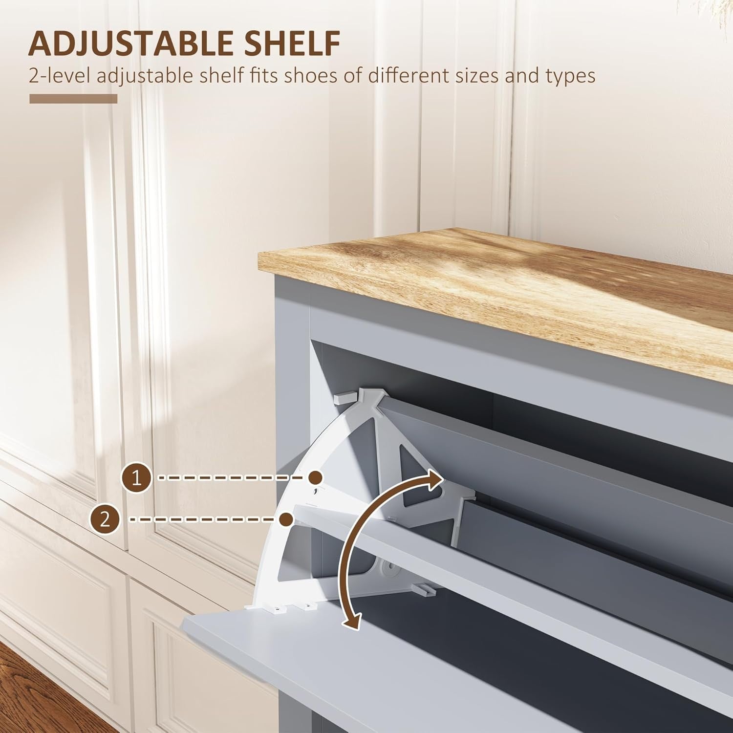 Modern Grey Shoe Storage Cabinet – 2 Flip Drawers, Adjustable Shelf, 12 Pair