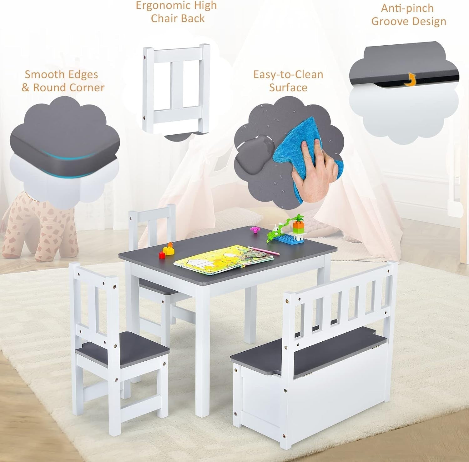 Kids Table Chair Set with Storage Bench 4pc Furniture Grey Playroom Desk