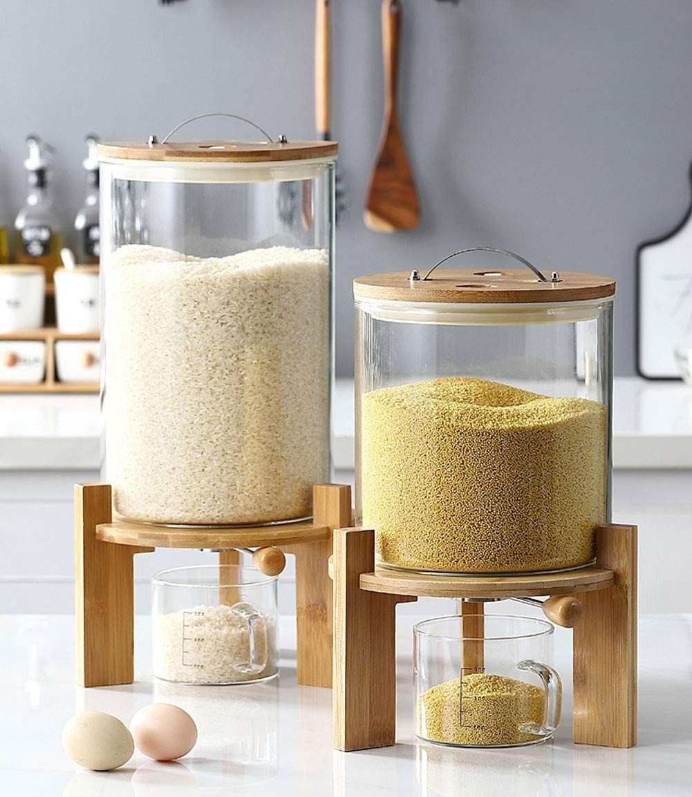 8L Glass Flour Cereal Container Airtight Rice Dispenser w Wooden Stand