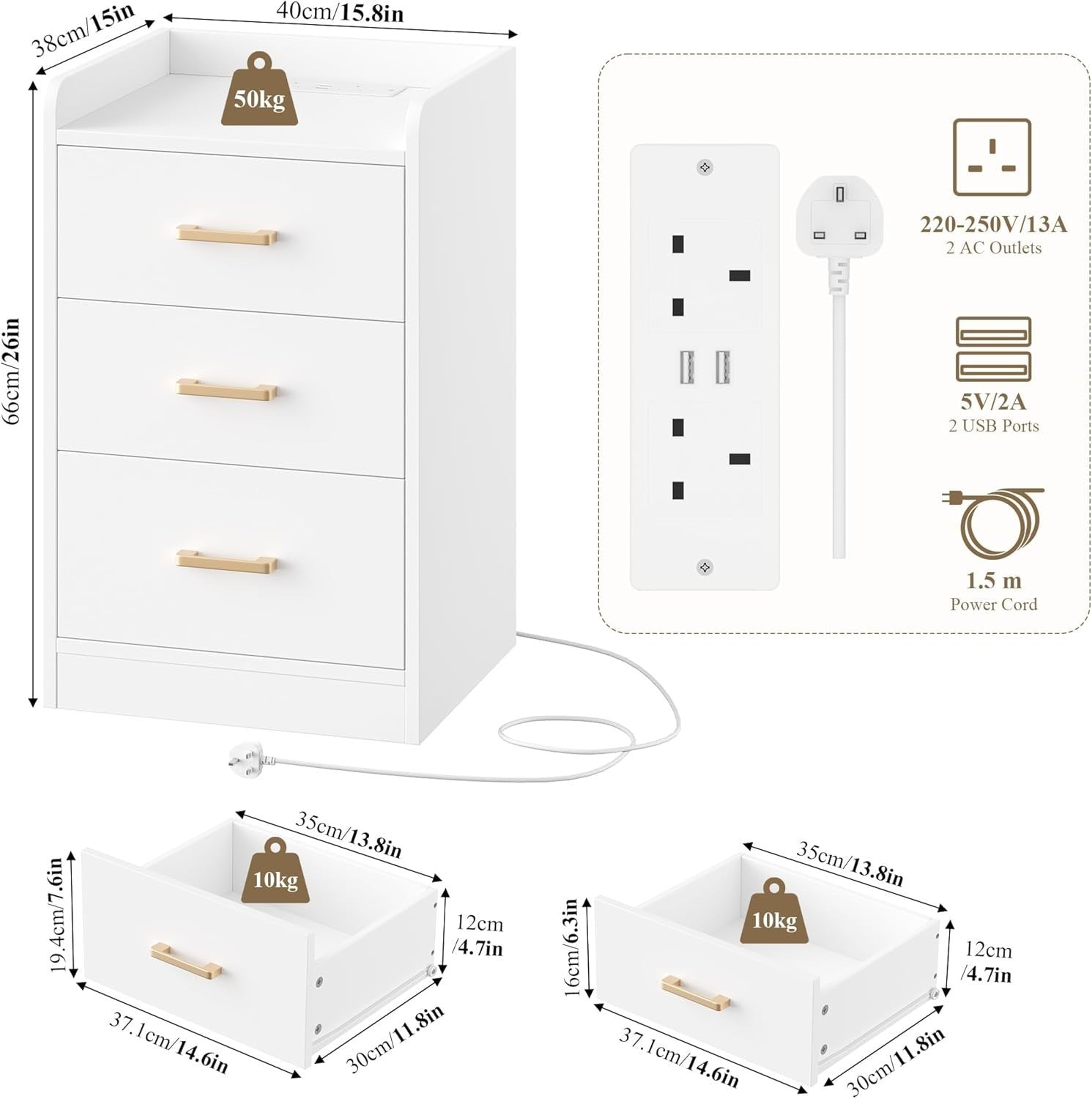 Set of 2 White Bedside Tables with Charging Station | 3 Drawer Nightstands