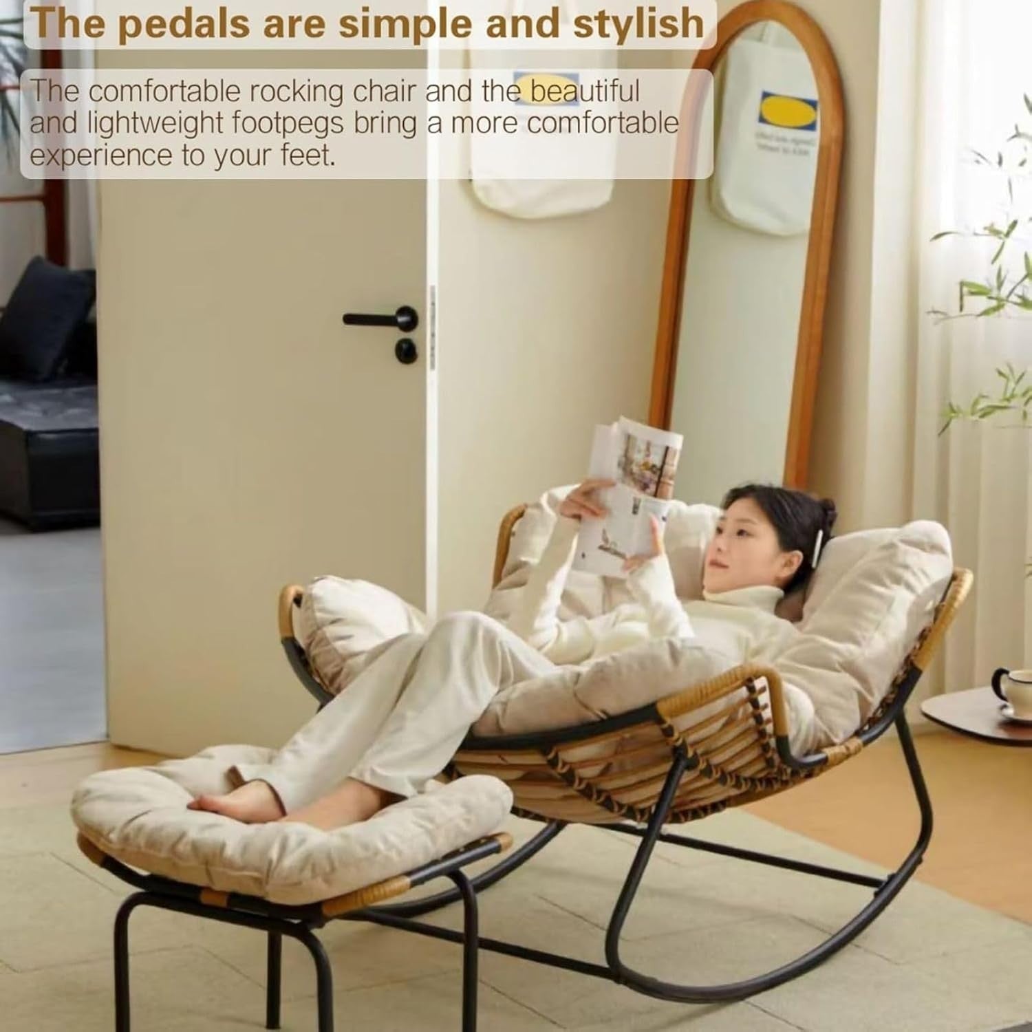 Oversized Papasan Rocking Chair Cushioned Rattan Lounge Indoor Outdoor Patio