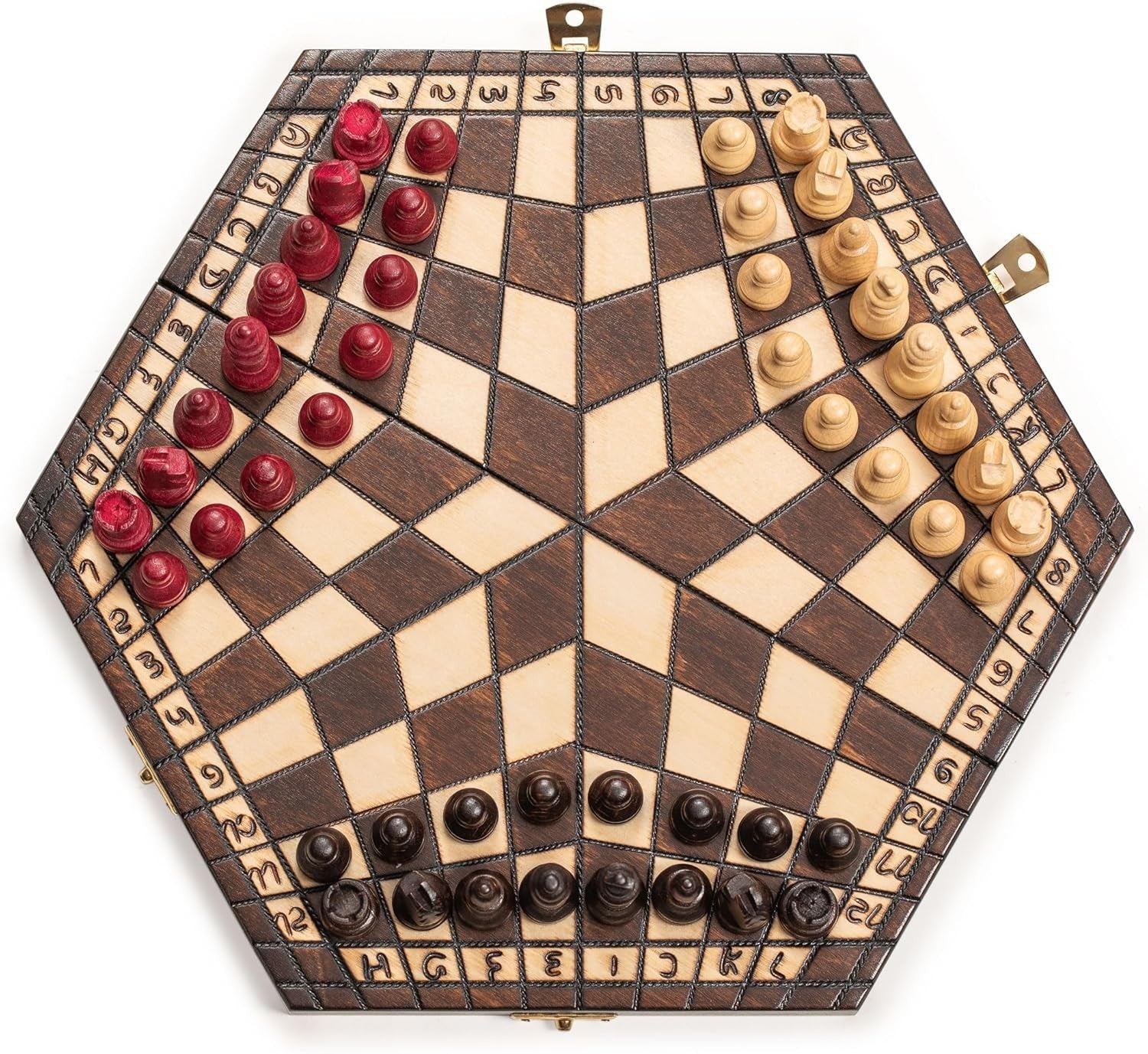 Luxury 3-Player Wooden Chess Set 32cm Hexagonal Board Handcrafted Pieces