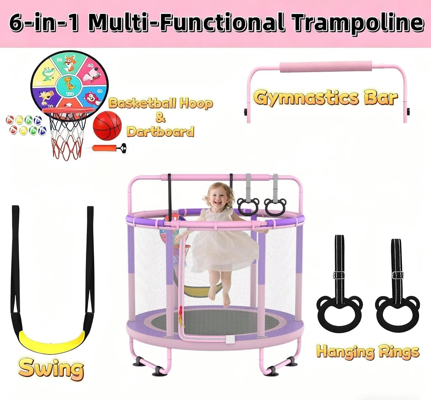 Kids Outdoor Trampoline 150cm with Safety Net Playset Basketball Swing
