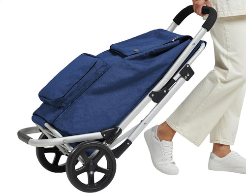 Blue Aluminium Shopping Trolley with Seat & 50L Bag, Foldable Wheels