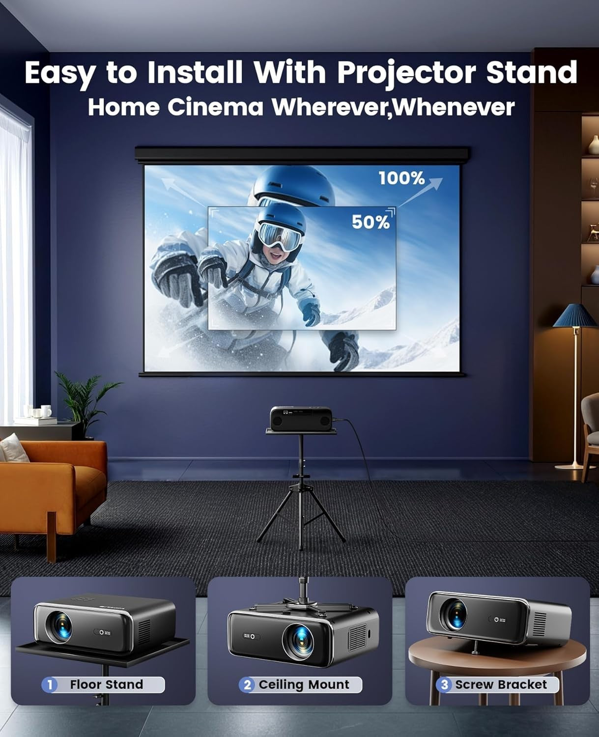 1080P WiFi 6 Bluetooth Projector Auto Focus 4K Support 300in Zoom