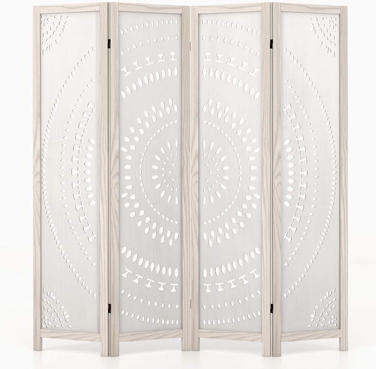 4 Panel White Boho Carved Wood Room Divider Privacy Screen 166cm High Decor