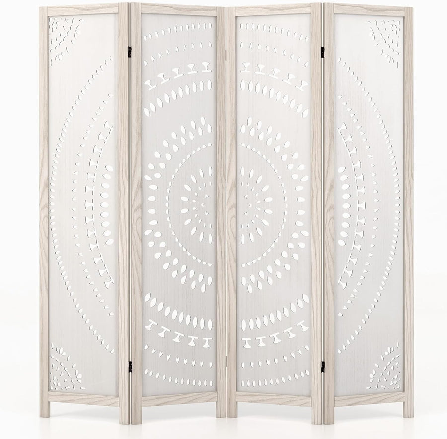 4 Panel White Boho Carved Wood Room Divider Privacy Screen 166cm High Decor