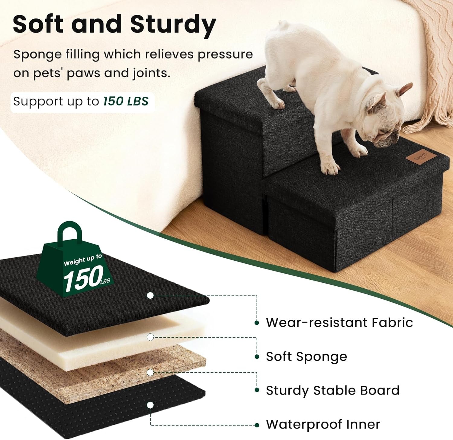 Dog Stairs with Storage 2 Step Foldable Pet Steps Ramp Black 13"