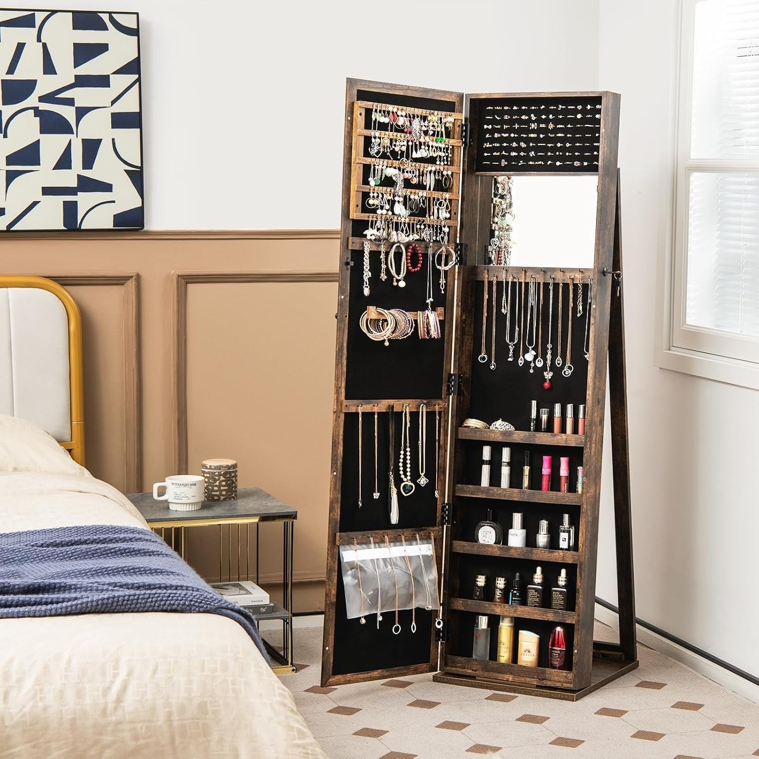 Rustic Brown Jewelry Cabinet Mirror Lockable 3-in-1 Freestanding Storage