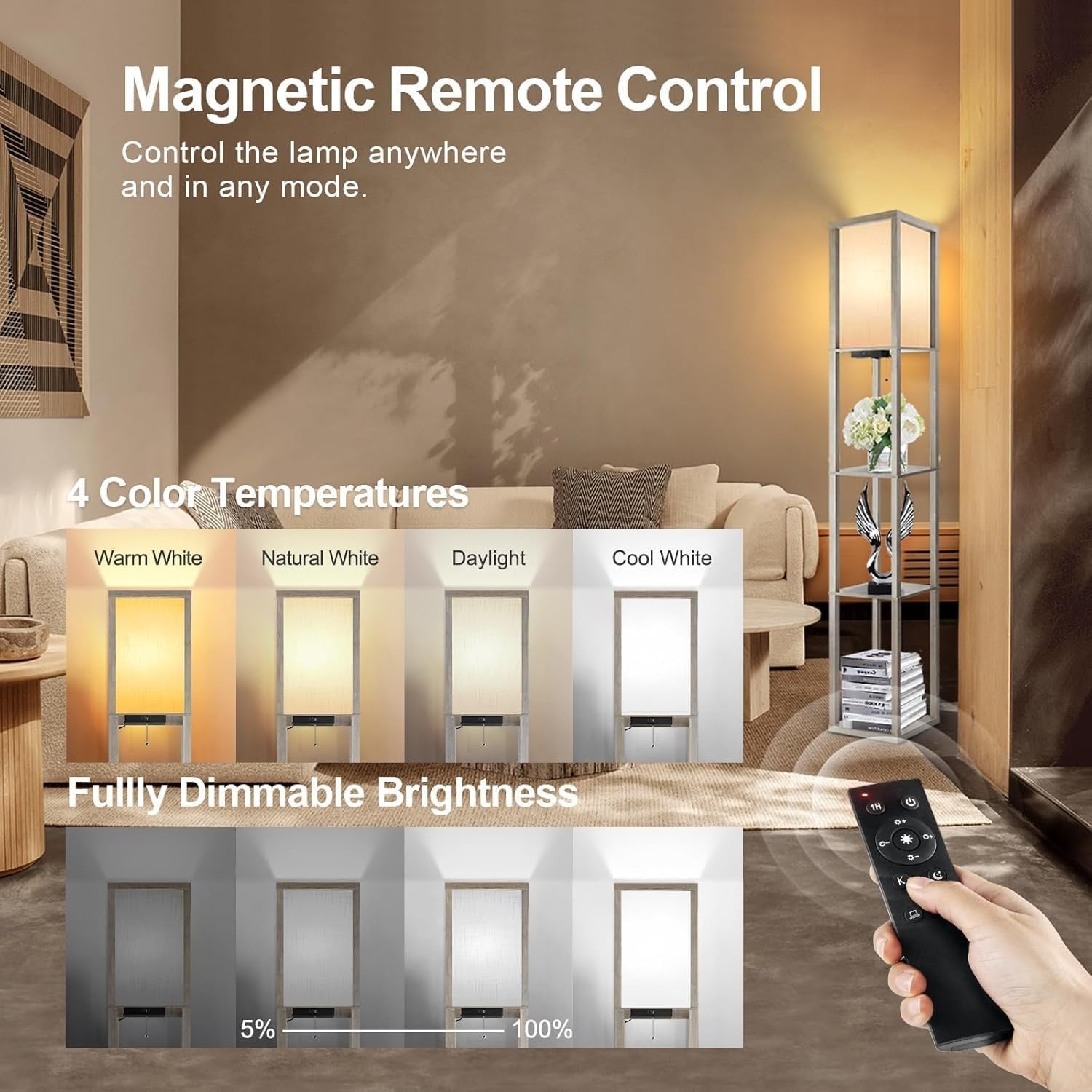 LED Shelf Floor Lamp Remote Dimmable USB Charging Standing Light Grey