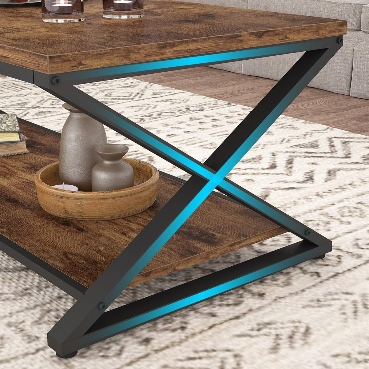 Industrial Coffee Table with Storage Shelf, 47" Rustic Wood Metal Living Room