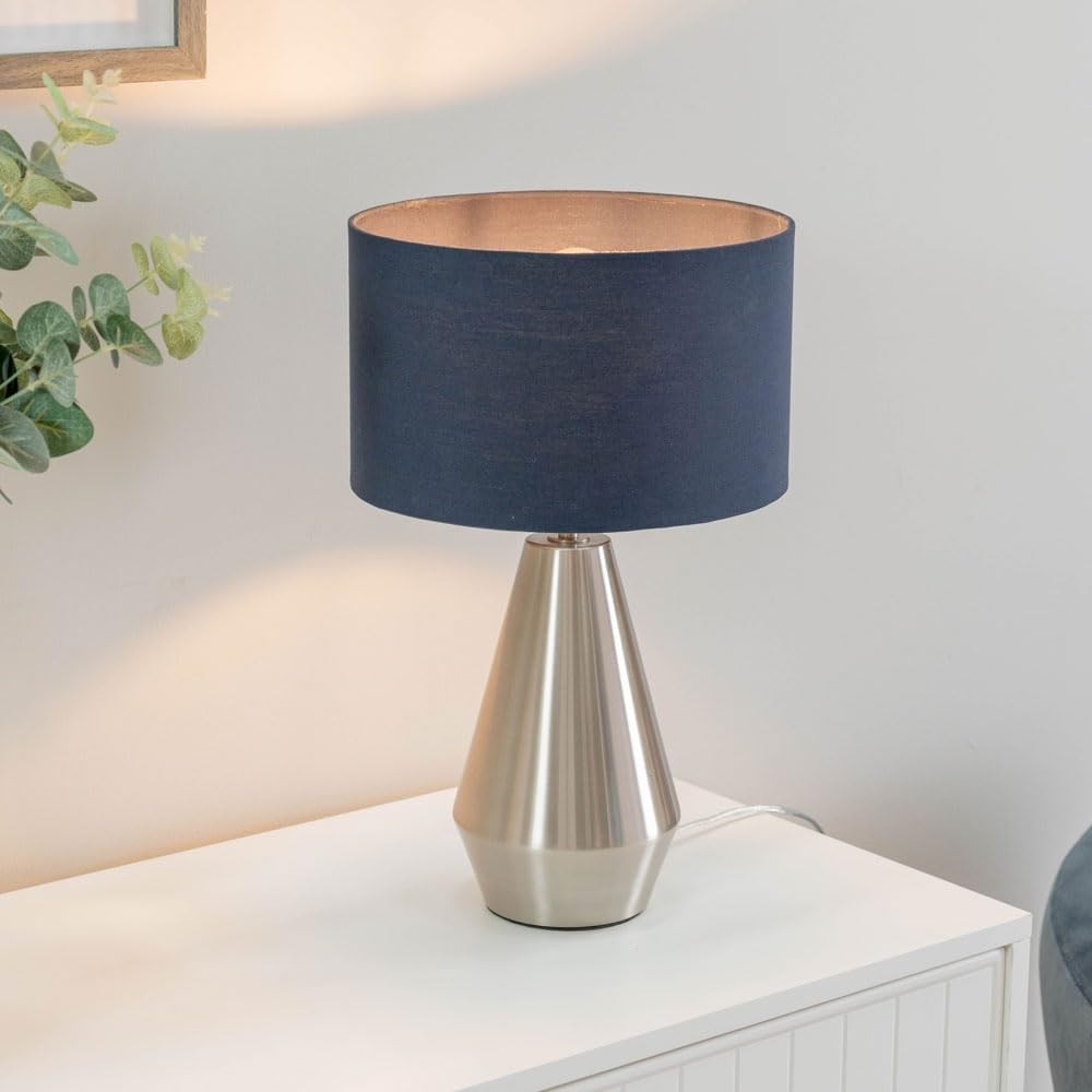Silver Touch Dimmer Table Lamp Navy Drum Shade Bedside LED Light