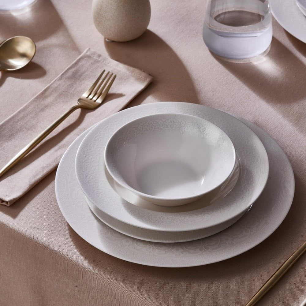 24pc Bone China Dinner Set White Plates Bowls Modern Tableware for 6