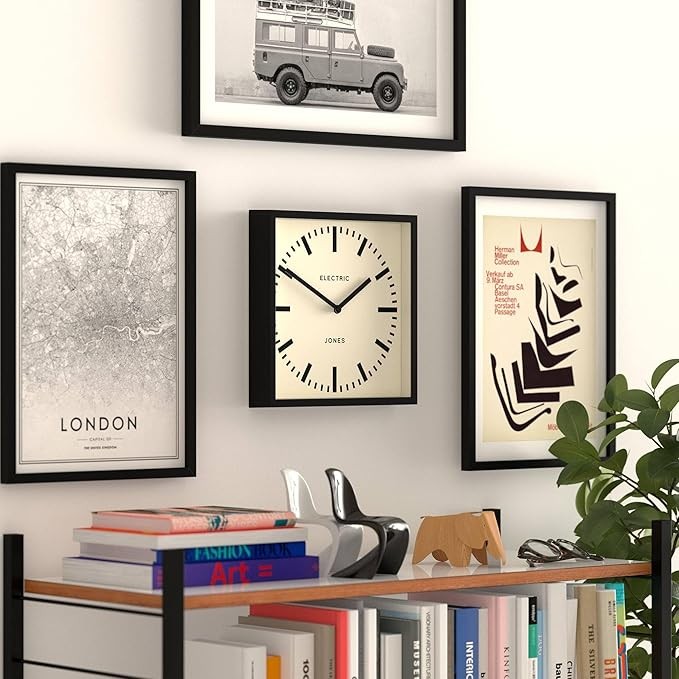 Square 25cm Wall Clock Silent Modern Station Style Black Frame Home Office Decor