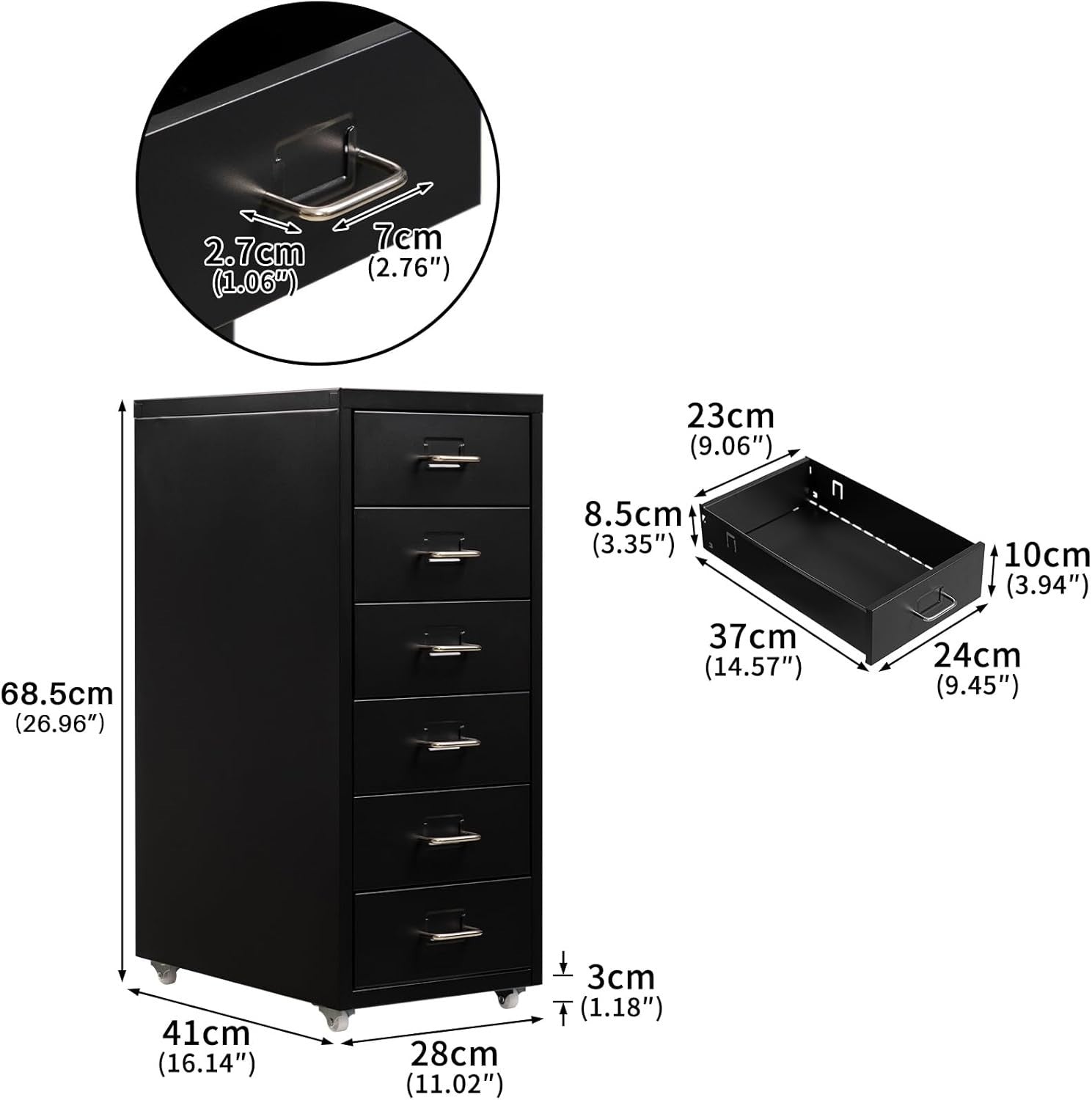 Black Metal Rolling Drawer Cabinet 6 Tier Mobile File Storage Unit