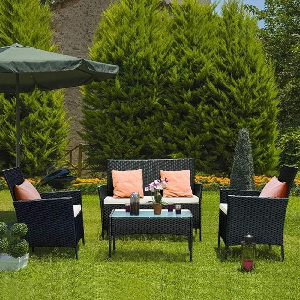 4 Seater Black Rattan Garden Furniture Set Outdoor Sofa Chairs Table