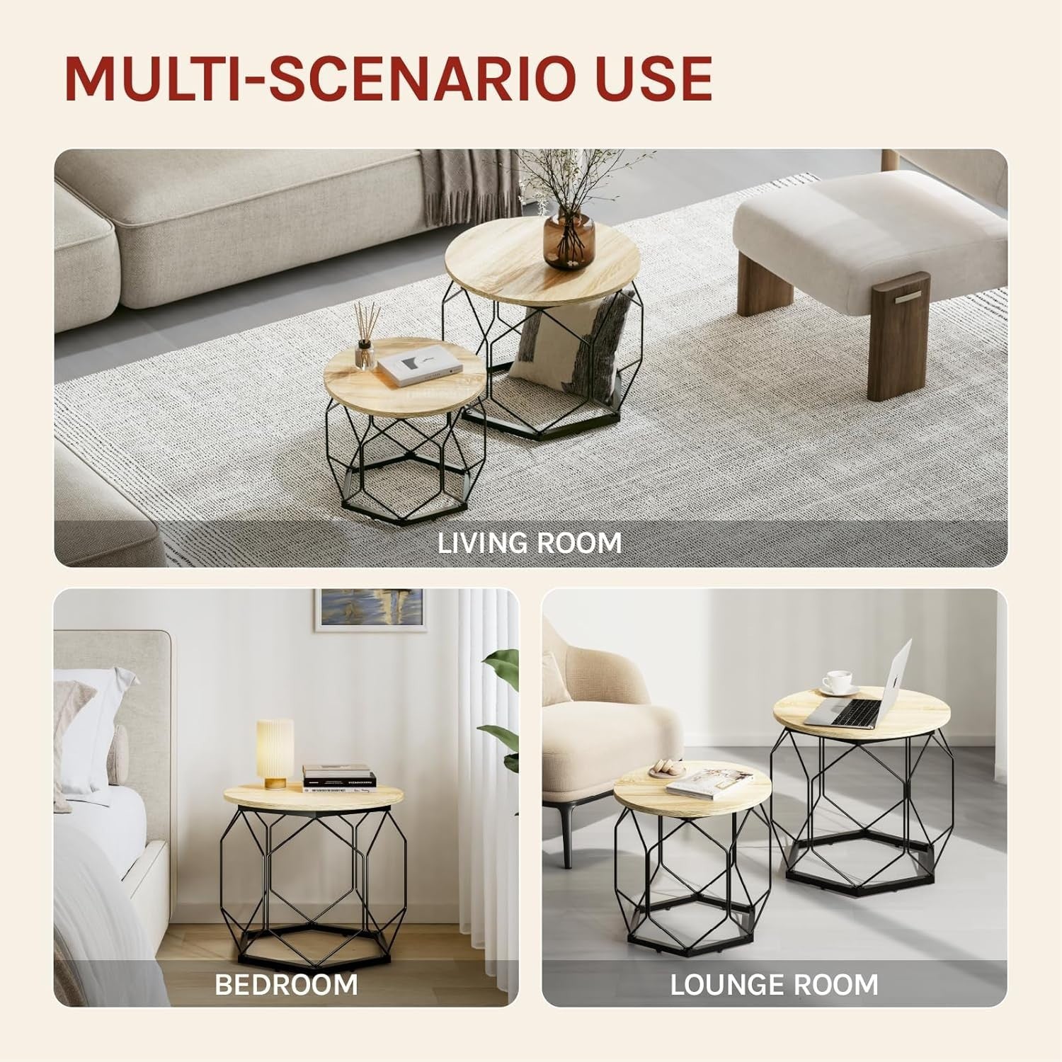 Round Coffee Tables Set of 2 – Sturdy Metal Frame, Light Oak Shelves, 40 & 50cm