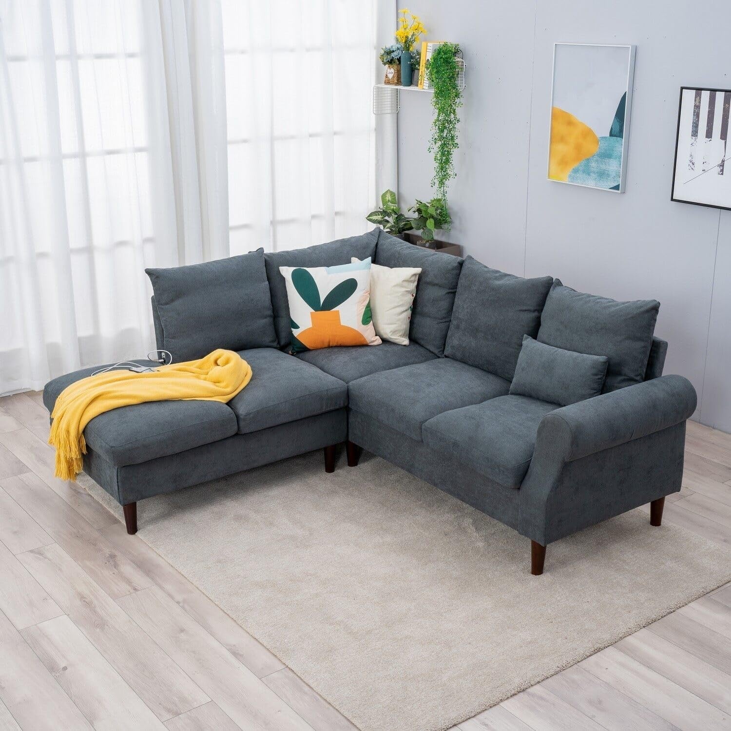 5 Seater Corner Sofa with Chaise & USB Charging Port – Grey Linen, 200x195cm