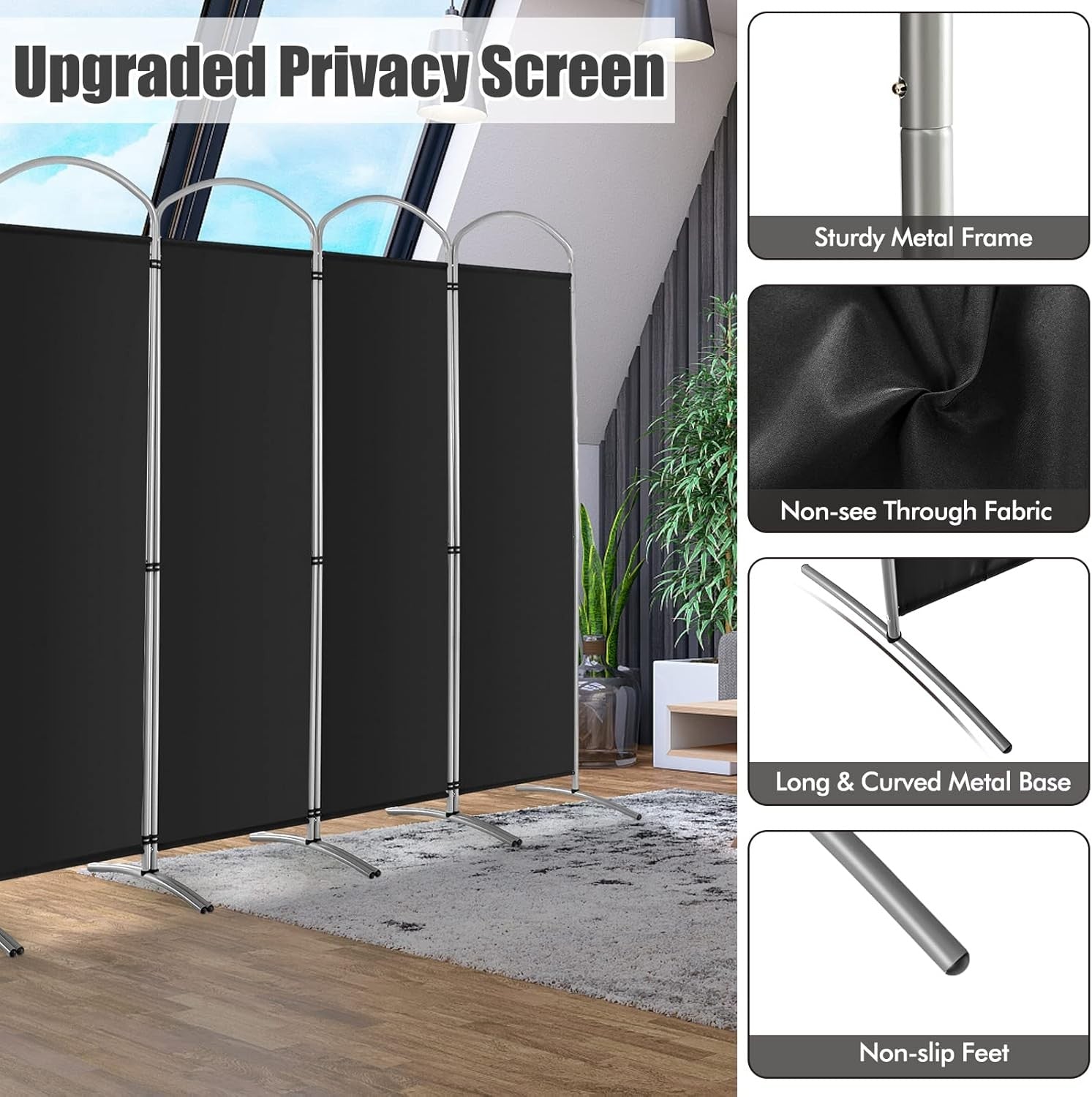 6 Panel Black Folding Room Divider Privacy Screen for Bedroom Office 188cm High