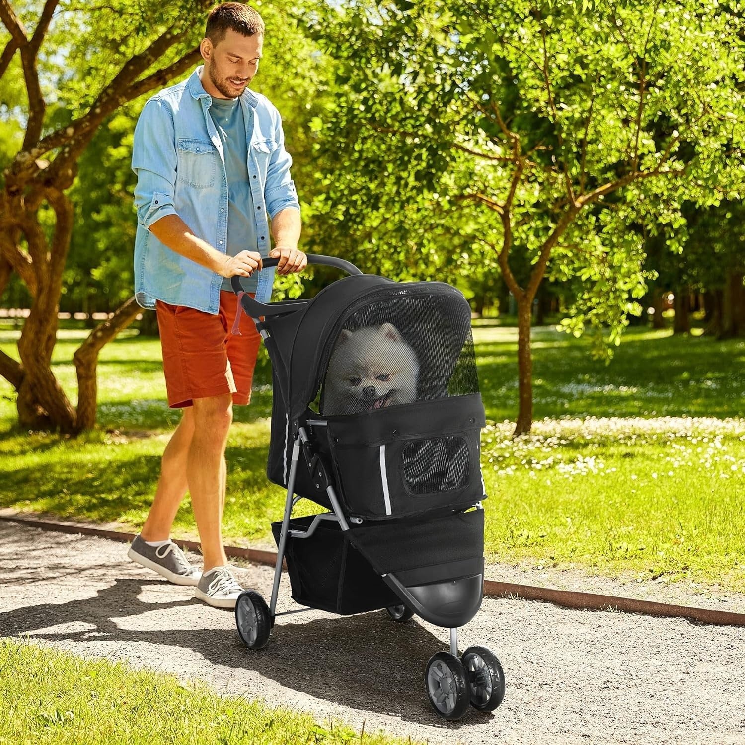 Pet Travel Stroller 3-Wheel Dog Cat Pushchair Carrier Black Foldable