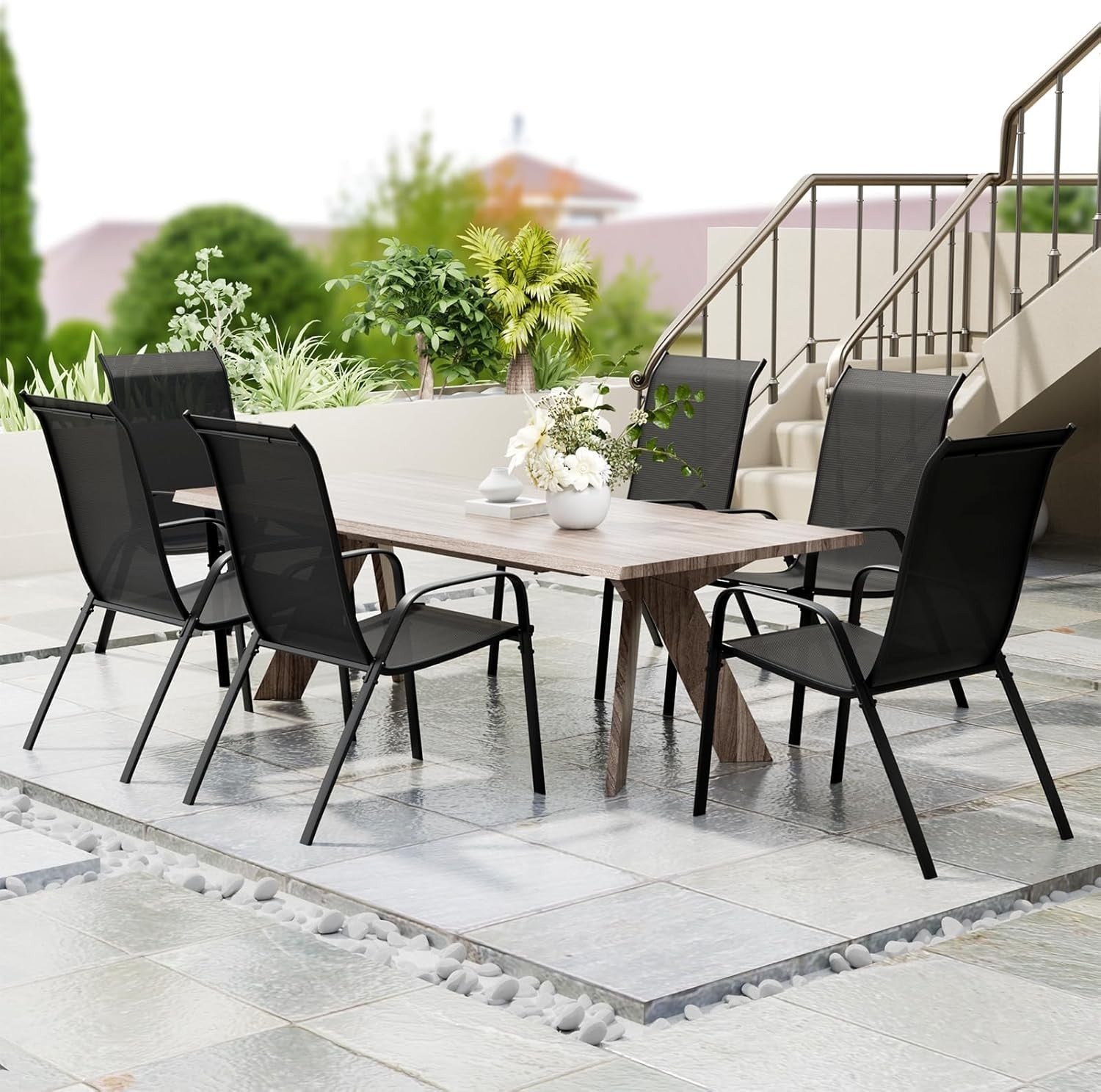 Set of 6 Stackable Garden Chairs High Back Armrest Outdoor Patio Seats