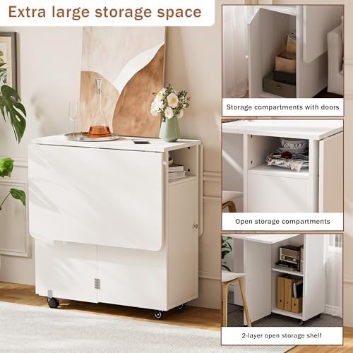 White Folding Drop Leaf Dining Table with Storage Drawer Shelves Space Saving