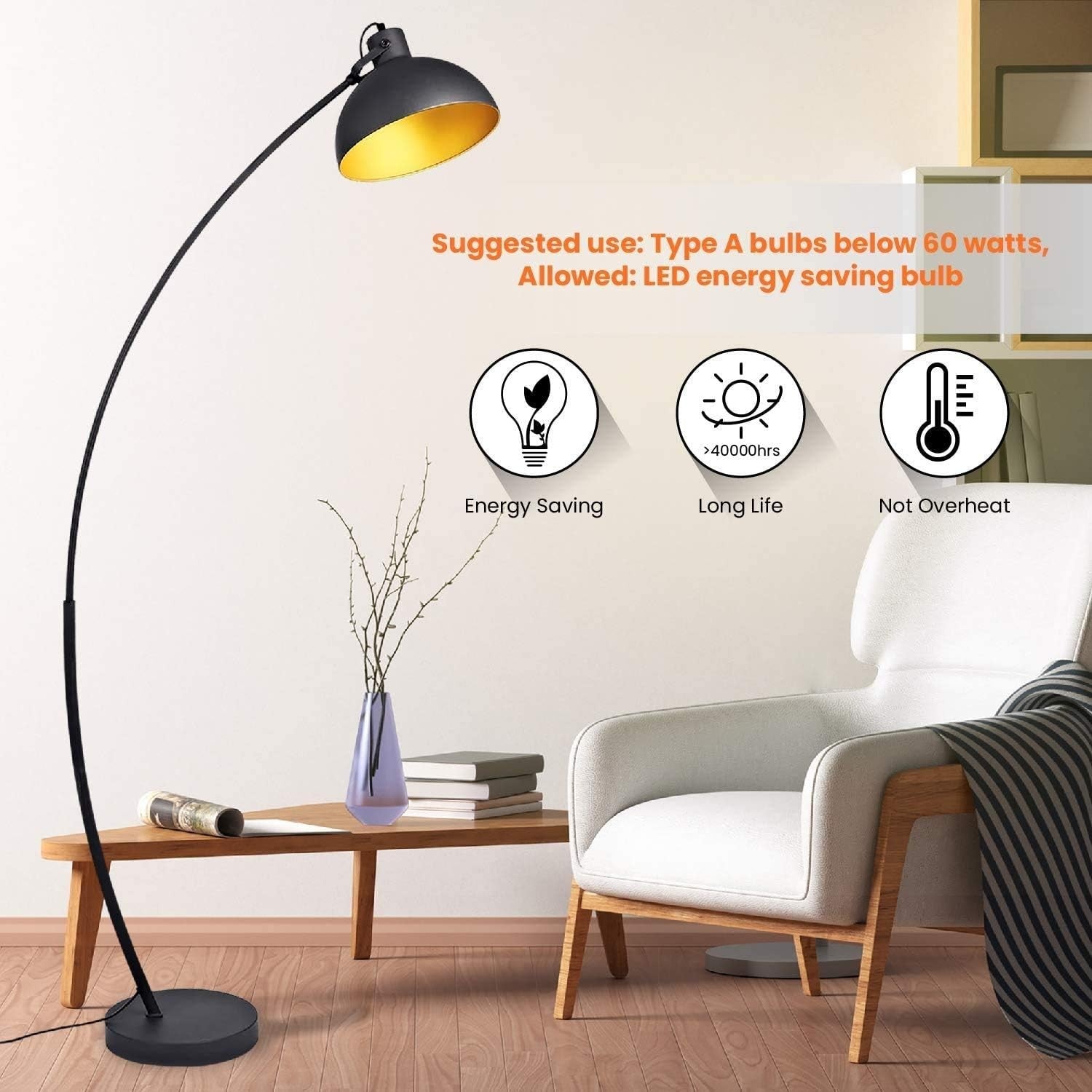 Adjustable Vintage Arc Floor Lamp | Black-Gold Metal Shade | Reading & Living