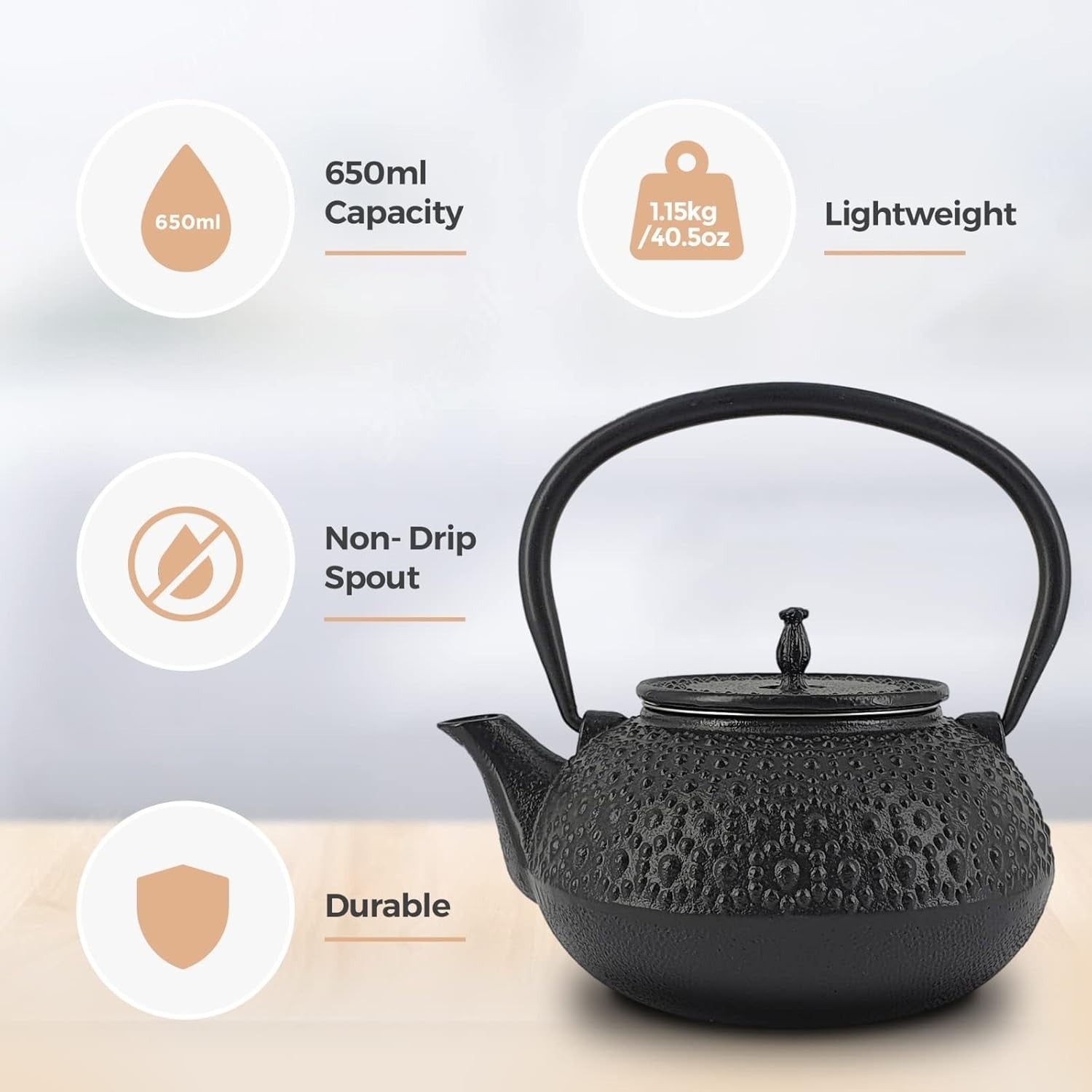 Cast Iron Teapot 650ml Tea Pot w/ Infuser Black Dotty Tetsubin Style