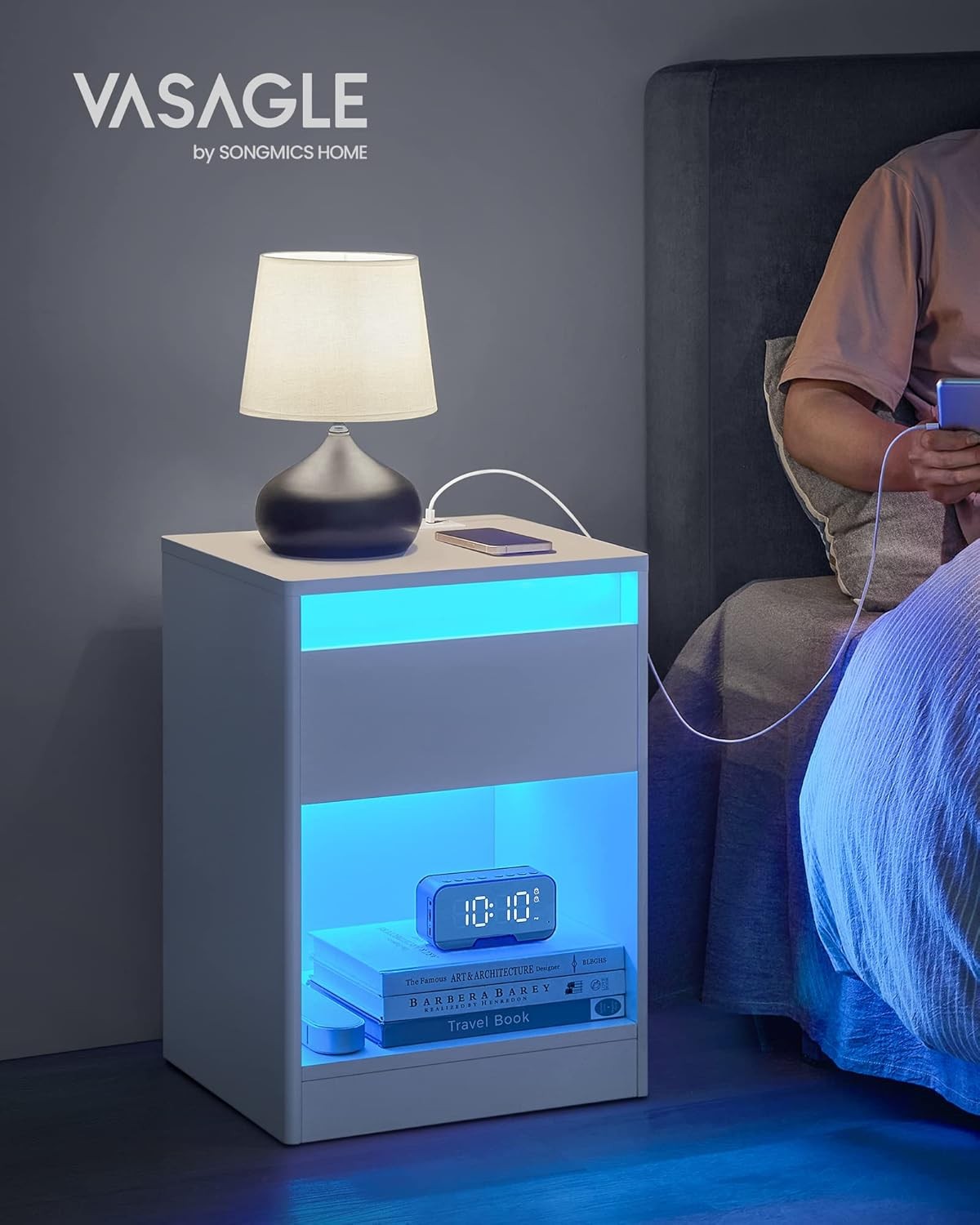 LED Bedside Table with Charging Station, Drawer & Adjustable Light Modes