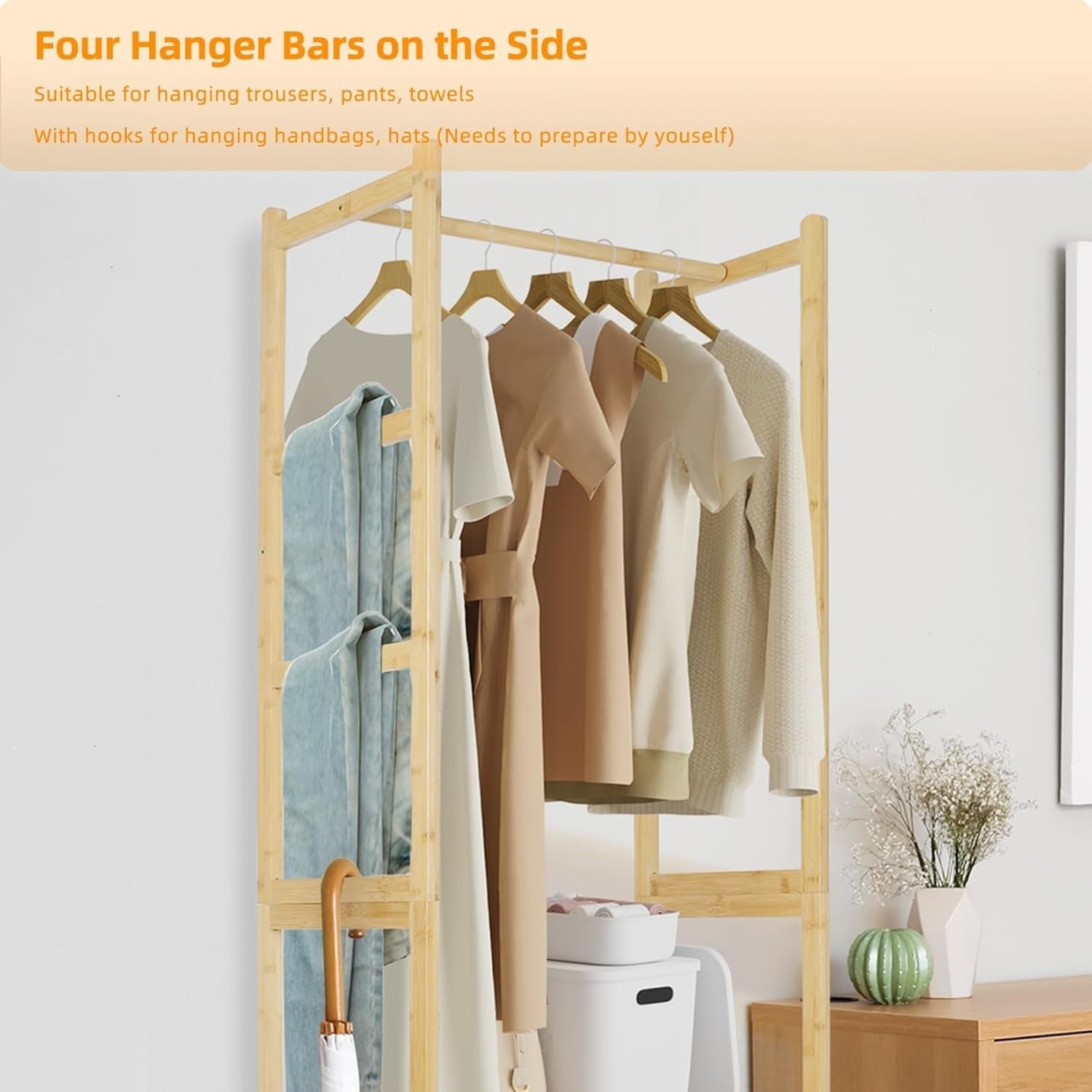 Bamboo Clothes Rack Wardrobe with Cabinet – Freestanding Storage 168cm