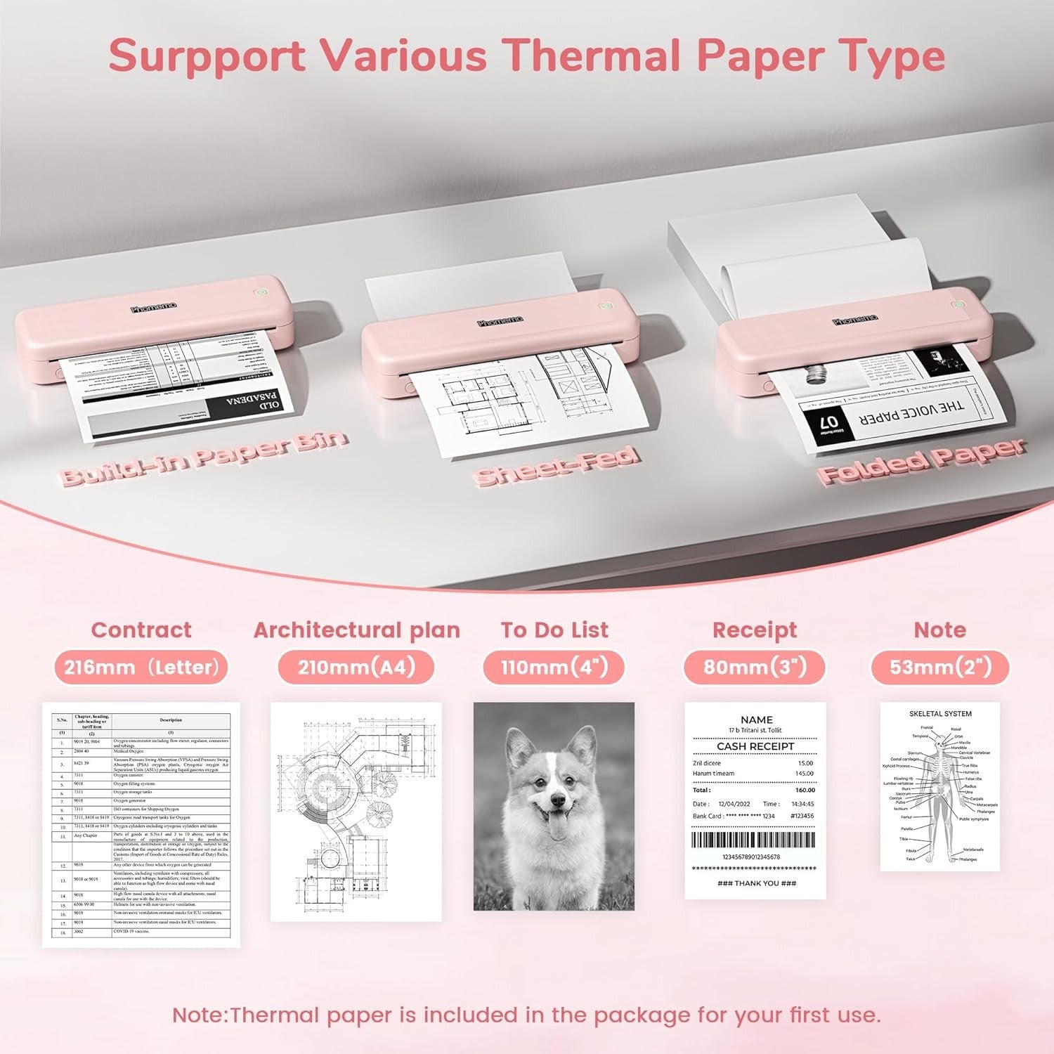 Portable A4 Thermal Printer Bluetooth Inkless 4 Rolls Pink