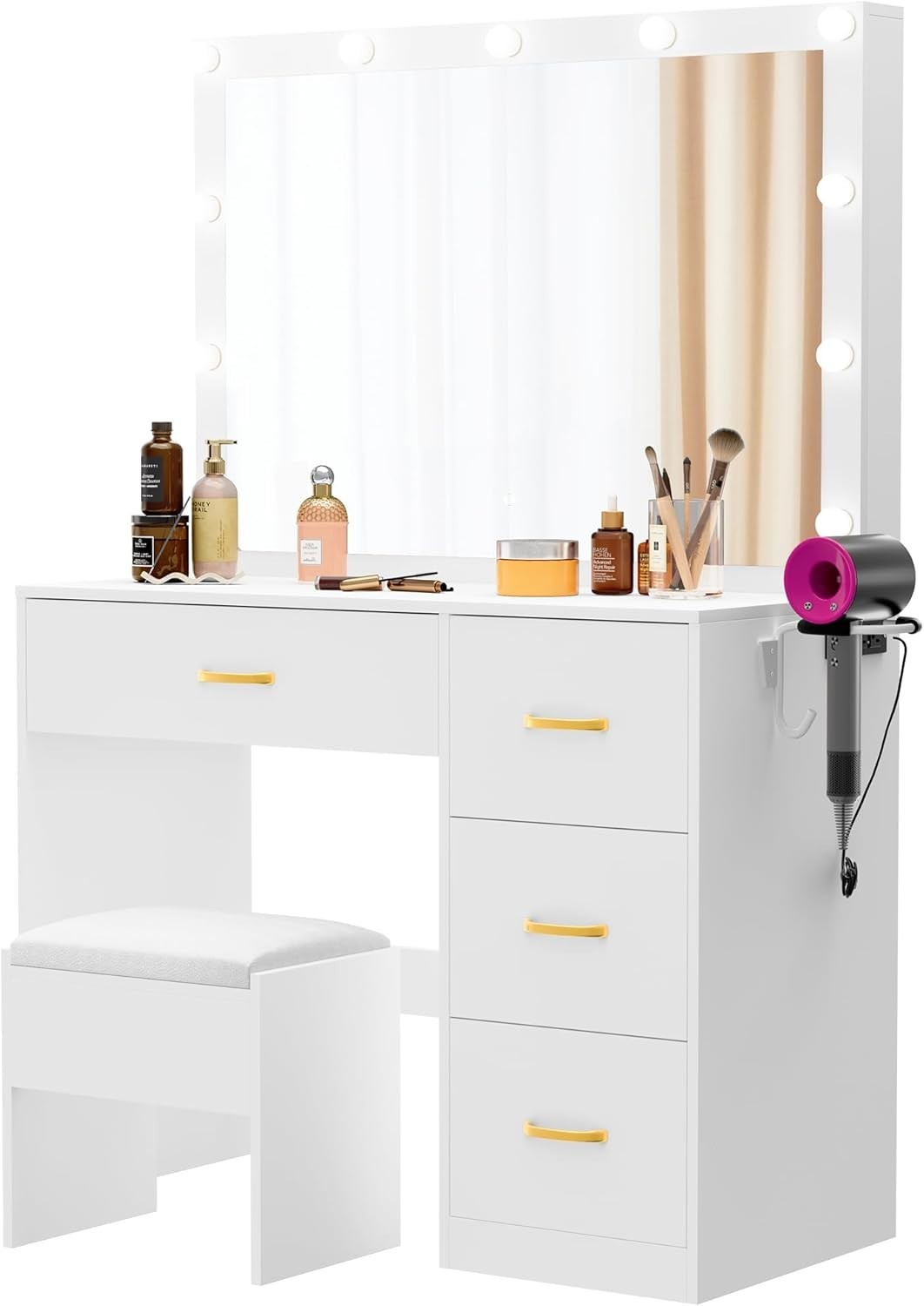 White Vanity Dressing Table w/ LED Mirror 4 Drawers Makeup Desk USB Minimalist