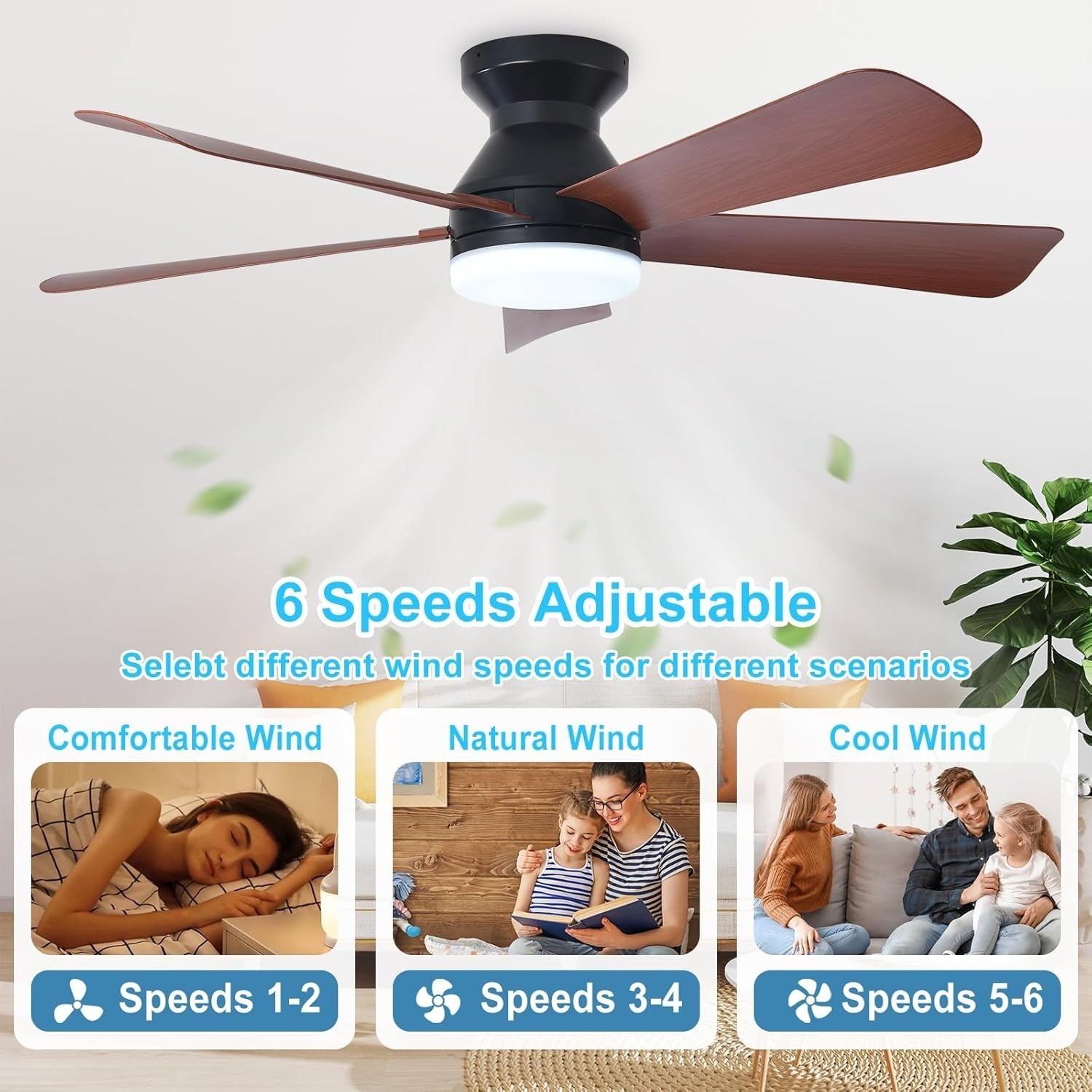 42" Ceiling Fan, 5 Walnut Blades, 6 Speeds, LED Light, Remote