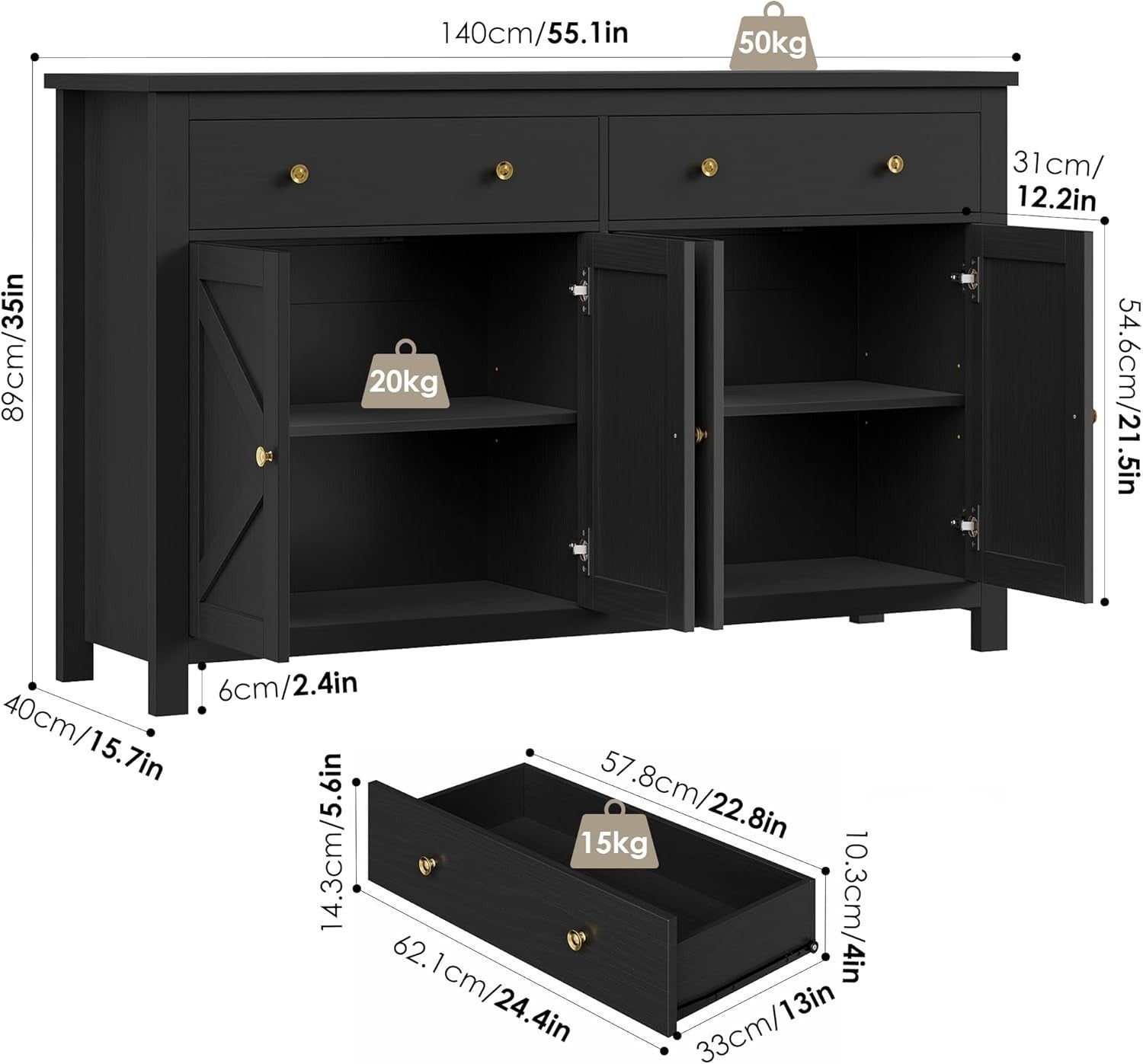 Large Black Kitchen Sideboard 4 Doors 2 Drawers Adjustable Shelves Storage