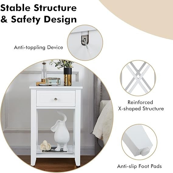 Modern X-Shaped Bedside Tables 2-Set with Drawer & Shelf for Bedroom Living Room