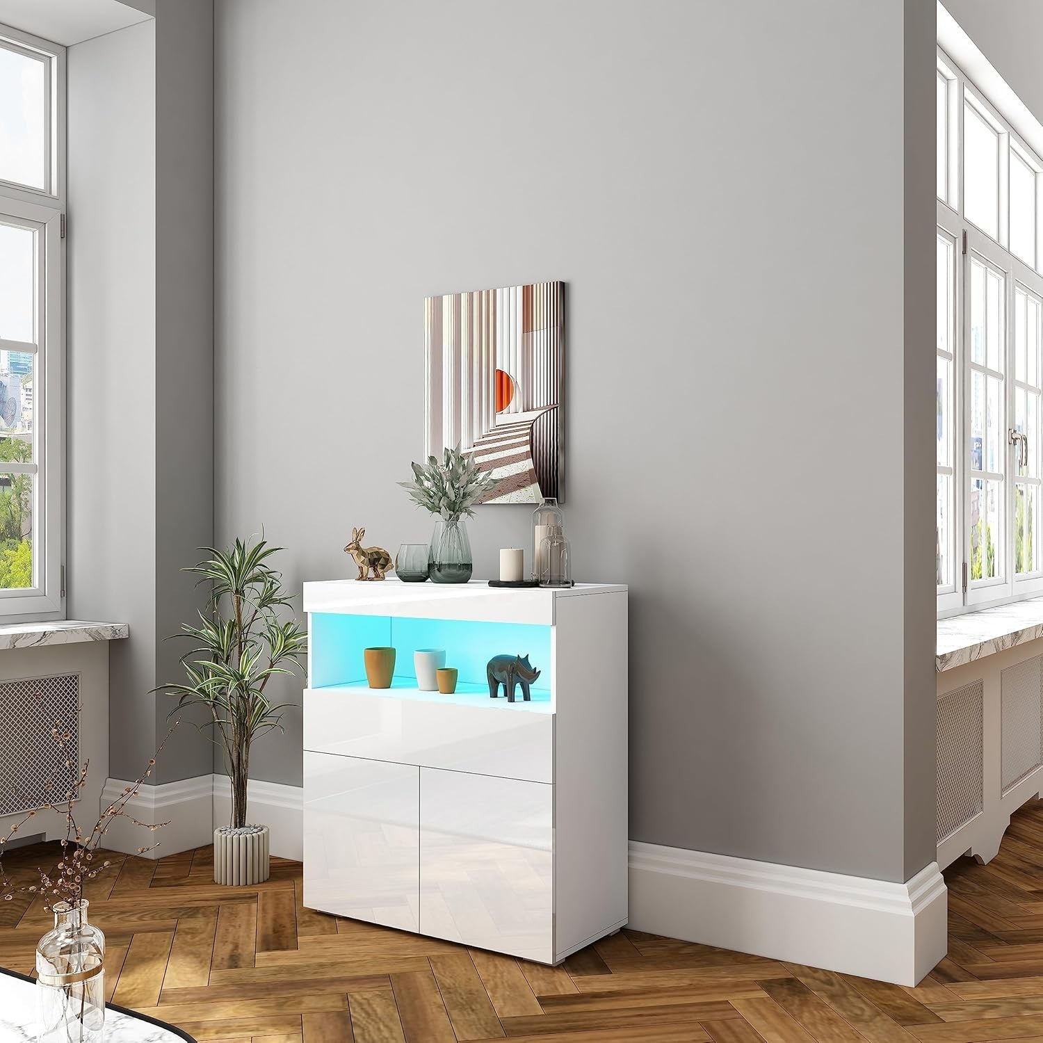 White High Gloss Sideboard Cabinet with LED Lights, Storage & Lockable Doors