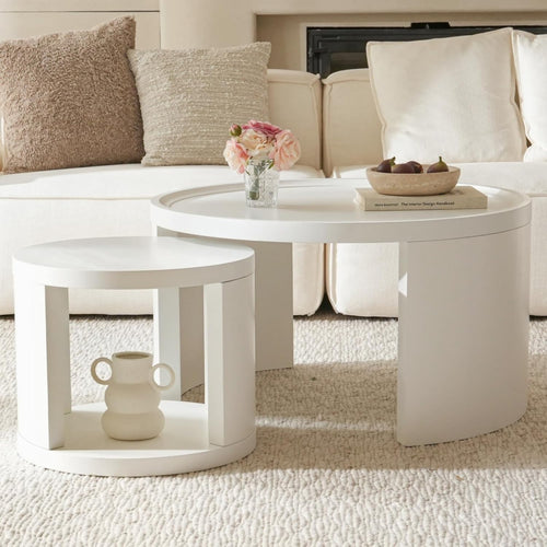 Set of 2 Round Coffee Tables, Pine Wood Side Tables, White 80/46cm