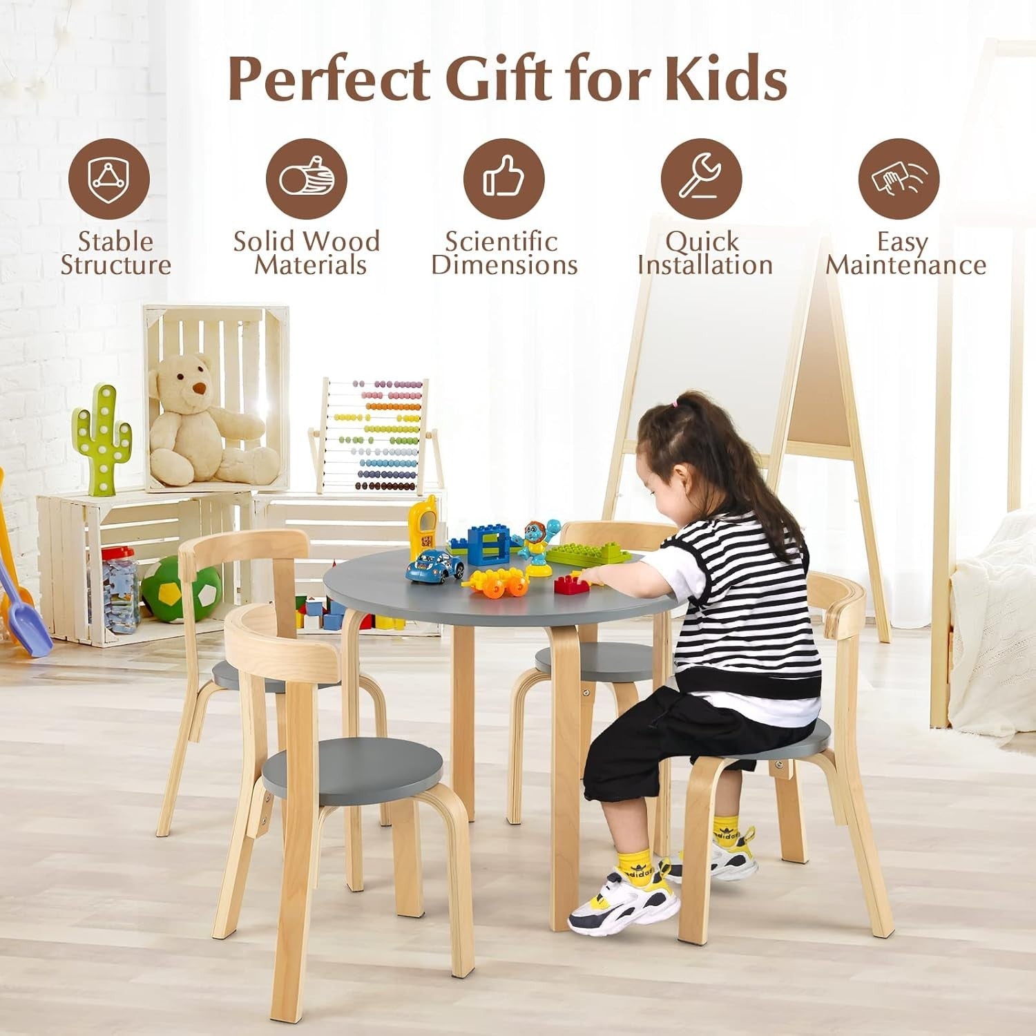 Kids 5-Piece Wooden Table & Chair Set with Ergonomic Chairs for Playroom