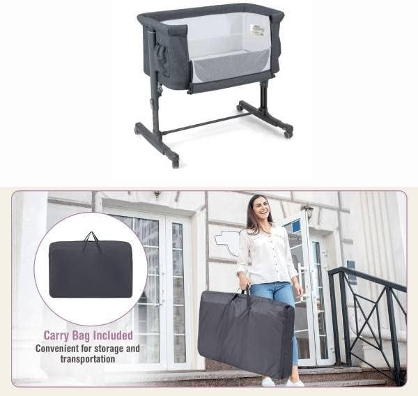 3-in-1 Baby Bedside Crib with Adjustable Heights, Mattress & Carry Bag Dark Grey
