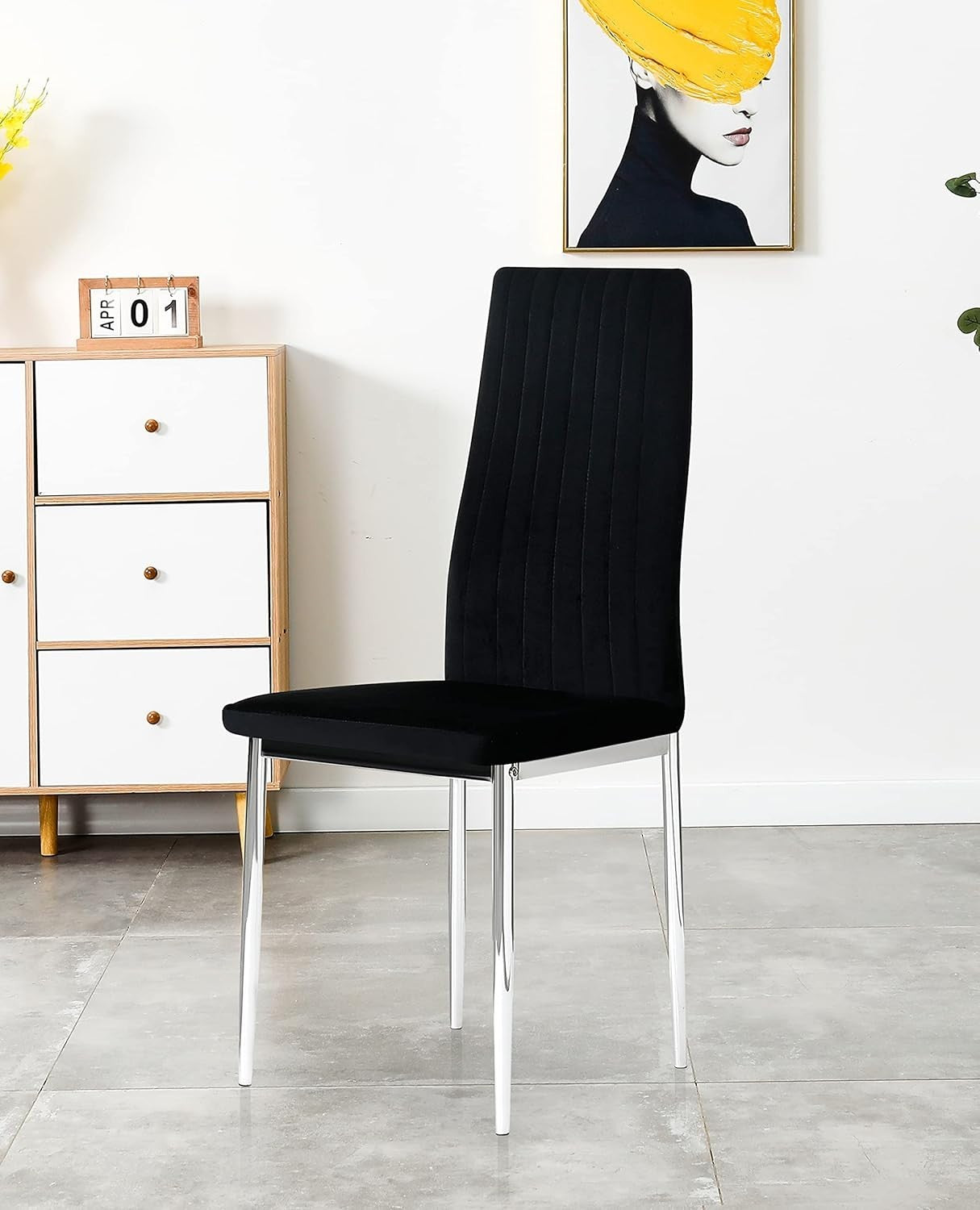 4 Seat White Gloss Dining Table Set + Velvet Chairs Black Modern Room