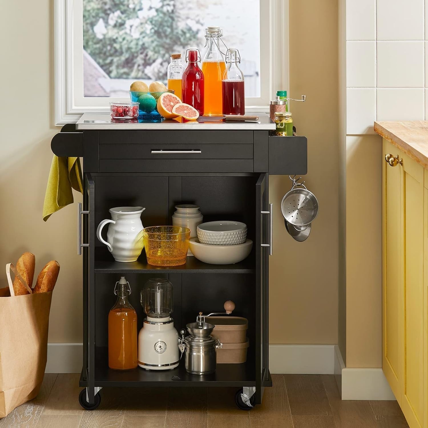 Mobile Kitchen Island Cart with Stainless Steel Top, Storage Drawer & Cabinet