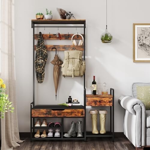 Freestanding Hall Tree Coat Rack with Shoe Storage Bench & Side Table