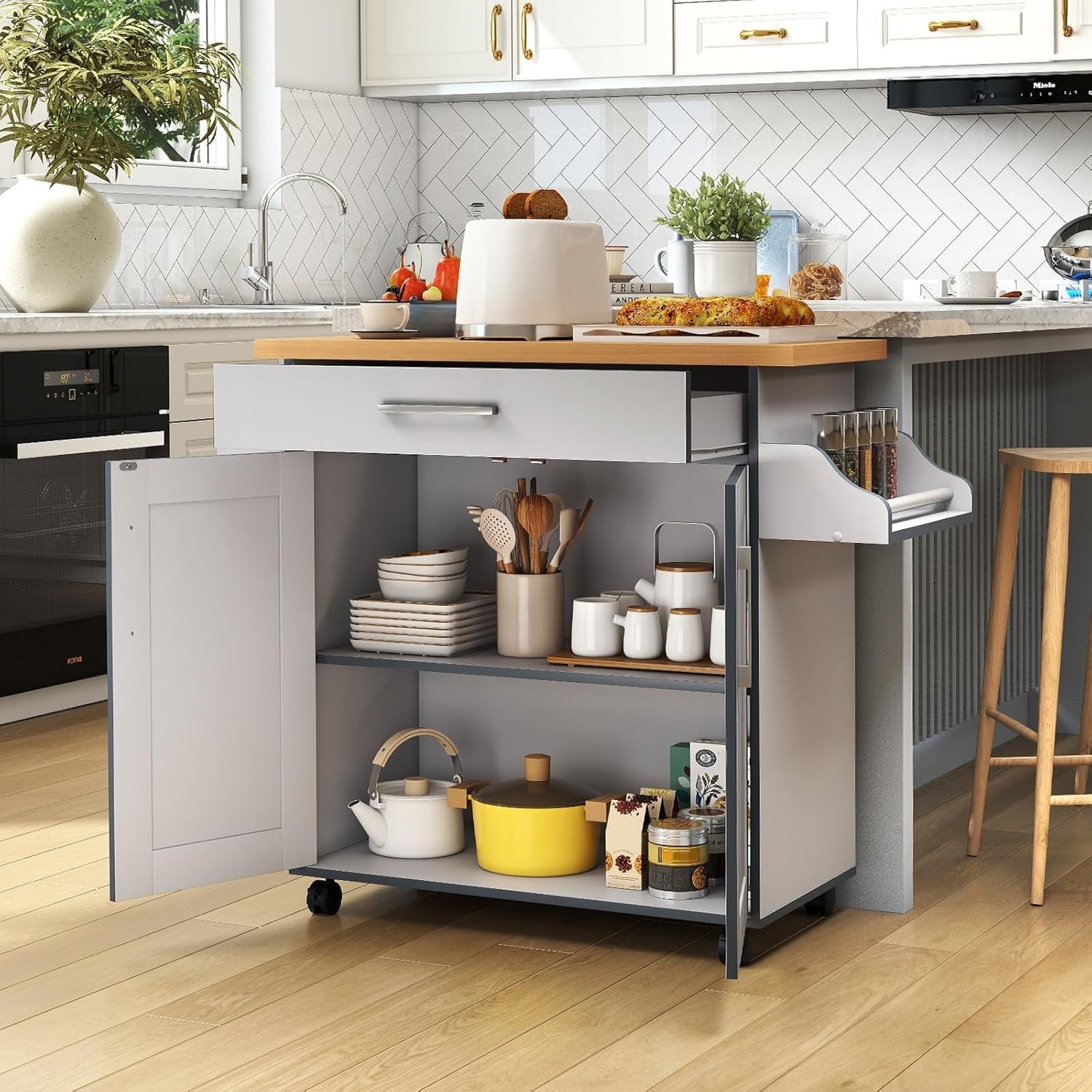 Kitchen Island Cart Rolling Storage Trolley Drawer Adjustable Shelf Grey