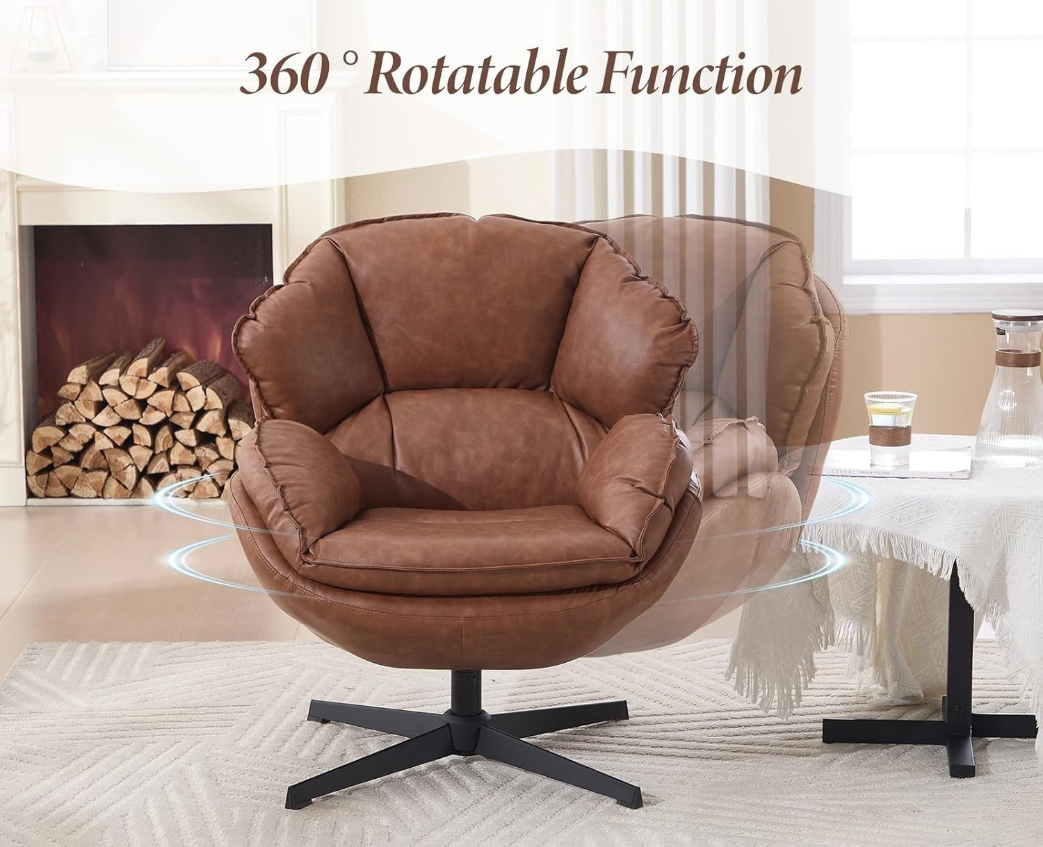Brown PU Leather Swivel Accent Chair 360° Tub Armchair Reading Seat