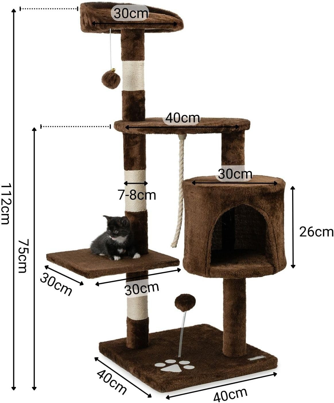 Cat Tree Scratching Post 112cm with Condo Sisal Rope Brown Tower