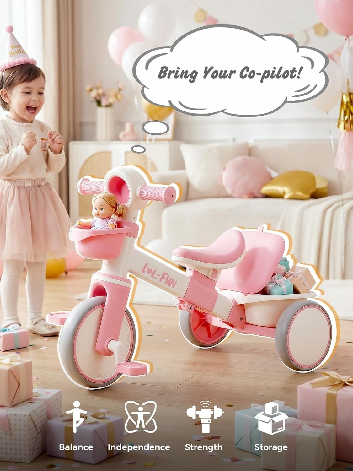 Kids Tricycle Toddler Bike Pink Adjustable Seat Storage Baskets 1-4Y