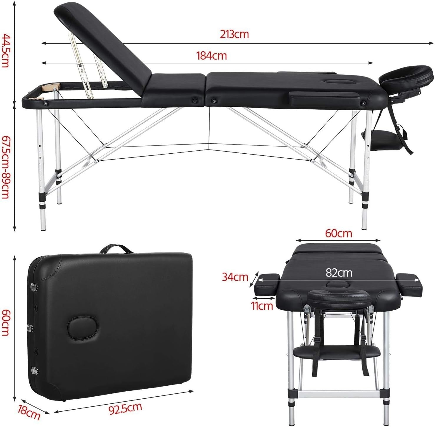 Foldable Portable Massage Bed 3 Section Lash Beauty Table Adjustable 60cm Wide
